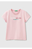 Kız Çocuk Pembe Simli Logo Baskılı T-Shirt