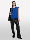 %100 Pamuk Aplikeli Bisiklet Yaka Kolsuz Bluz Kadın Saks Mavisi Bluz - 324A351SL106J