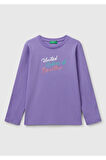 Kız Çocuk Mor Simli Benetton Logo Baskılı T-Shirt