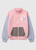 Kız Çocuk Pembe Mix Simli Benetton Logo İşlemeli Fermuarlı Sweatshirt