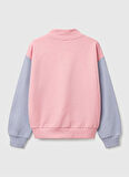 Kız Çocuk Pembe Mix Simli Benetton Logo İşlemeli Fermuarlı Sweatshirt