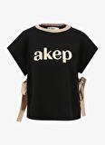 Akep Yuvarlak Yaka Baskılı Siyah Kadın T-Shirt TSKD05204