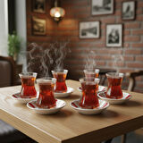 Paşabahçe 6'lı Çay Bardağı 130cc ve Porland Porselen 6'lı Çay Tabağı Set (Kolye,Küpe Hediyeli)