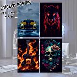 alevli gitar kuru kafa kaplan araba - 4 adet yapışkanlı poster sticker etiketler - dolap cam oda için