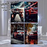 kırmızı spor lüks arabalar - 4 adet yapışkanlı poster sticker etiketler - dolap cam oda için