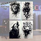 uluyan kurt aslan kaplan at - 4 adet yapışkanlı poster sticker etiketler - dolap cam oda için