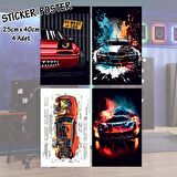 renkli spor araba modelleri - 4 adet yapışkanlı poster sticker etiketler - dolap cam oda için