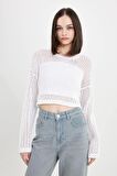 DeFacto Regular Fit Bisiklet Yaka Kroşe Ajurlu Delikli Crop Triko Kazak T4513AZ24AUER103