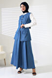 Kadın 100% Pamuk Kot Mavi Yelek Etek Tesettür Takım