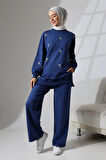 Kadın Lacivert Mevsimlik Penye Alt Üst Spor Ve Rahat Ikili Tunik Pantolon Şık Tesettür Takım