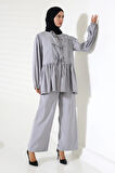 Kadın 100% Pamuk Modal Gri Gömlek Pantolon Tesettür Takım