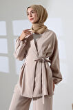 Kadın 100% Pamuk Modal Krem Kimono Pantolon Tesettür Takım