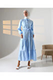 Kadın 100% Pamuk Viskon Desenli Mavi Tesettür Elbise