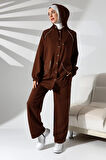 Kadın Mevsimlik Penye Alt Üst Spor Ve Rahat Kahverengi Ikili Tunik Pantolon Şık Tesettür Takım