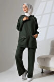 Kadın Haki Yeşili Mevsimlik Penye Alt Üst Spor Ve Rahat Ikili Tunik Pantolon Şık Tesettür Takım