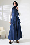 Kadın 100% Pamuk Kot Lacivert Yelek Etek Tesettür Takım