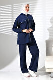 Kadın Mevsimlik Alt ve Üst Rahat Lacivert Spor Tesettür Takım