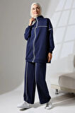 Kadın Lacivert Mevsimlik Penye Alt Üst Spor Ve Rahat Ikili Tunik Pantolon Şık Tesettür Takım