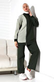 Kadın Mevsimlik Alt Üst Rahat Haki Spor Ikili Tunik Pantolon Şık Tesettür Takım