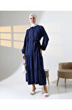 Kadın 100% Pamuk Viskon Desenli Lacivert Tesettür Elbise