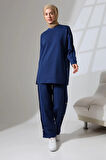 Kadın Lacivert Mevsimlik Penye Alt Üst Spor Ve Rahat Ikili Tunik Pantolon Şık Tesettür Takım