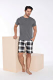 Erkek Bisiklet Yaka 3 Düğmeli Ekose Desen Modal Kısa Kol Cepli Şortlu Pijama Takımı