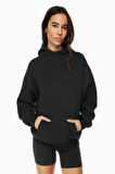 Kadın Siyah Geniş Yaka Tasarım Kanguru Cepli Kapüşonlu Sweatshirt 8114-2010