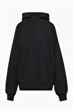 Kadın Siyah Geniş Yaka Tasarım Kanguru Cepli Kapüşonlu Sweatshirt 8114-2010