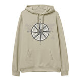 Compass Map  Baskılı Krem Hoodie