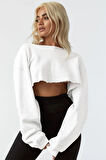 Kadın Beyaz Crop Mevsimlik Kumaş Sweatahirt 8115-20150