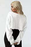 Kadın Beyaz Crop Mevsimlik Kumaş Sweatahirt 8115-20150