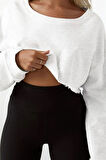 Kadın Beyaz Crop Mevsimlik Kumaş Sweatahirt 8115-20150