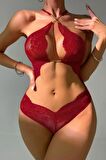 Bordo Göbeği Açık Seksi Tasarım Fantezi Gecelik