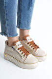 DINA Krem Taba Bağcıklı Fermuarlı Ortopedik Taban Kadın Sneaker Spor Ayakkabı