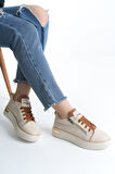 DINA Krem Taba Bağcıklı Fermuarlı Ortopedik Taban Kadın Sneaker Spor Ayakkabı