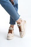 DINA Krem Taba Bağcıklı Fermuarlı Ortopedik Taban Kadın Sneaker Spor Ayakkabı