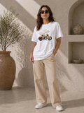 Kadın Beyaz Motosiklet Baskılı Tişört - Bisiklet Yaka Minimalist Tasarım Yazlık Kısa Kollu T-Shirt