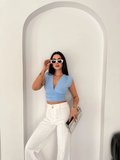 Linum Kadın Vatkalı Kolsuz V Yaka Drapeli Crop Bluz Likralı Fit - Bebek Mavisi