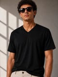 City Erkek V Yaka Basic Tişört Kısa Kol Yazlık Regular Fit T-Shirt - Siyah
