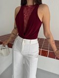 Yıldız Kadın Dantel Detaylı Derin Dekolte Body Şık Kolsuz Yazlık Bodysuit - Bordo