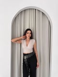 Linum Kadın Vatkalı Kolsuz V Yaka Drapeli Crop Bluz Likralı Fit - Boyalı Gri
