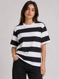 Zebra Kadın Çizgili Oversize Tişört Bisiklet Yaka Kısa Kol Yazlık T-Shirt - Siyah