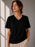 Essen V Yaka Basic Tişört Kısa Kol Yazlık Regular Fit T-Shirt - Siyah