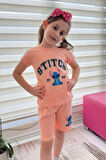 Somon Stitch Kısa Kollu Şortlu Çizgi Karakter Baskılı Kız Çocuk 2li Takım
