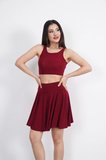 Selena Sendy Kumaş Bisiklet Yaka Crop Şortlu Etekli İkili Takım – Bordo