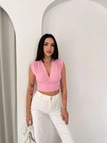 Linum Kadın Vatkalı Kolsuz V Yaka Drapeli Crop Bluz Likralı Fit - Pembe