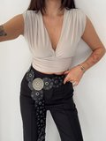 Linum Kadın Vatkalı Kolsuz V Yaka Drapeli Crop Bluz Likralı Fit - Boyalı Gri