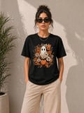 Kadın Siyah Balkabağı Hayalet Figürlü Tişört - Sevimli Karakter Baskılı Yazlık Kısa Kollu T-Shirt