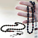 Tesbihane 925 Ayar Gümüş Çift Püsküllü Arpa Kesim Kırmızı-Siyah Ateş Kehribar Tesbih