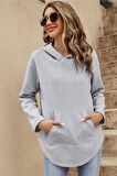 Kadın Kapüşonlu Kargo Cepli Yuvarlak Etek Sweatshirt Hoodie 8122 2010